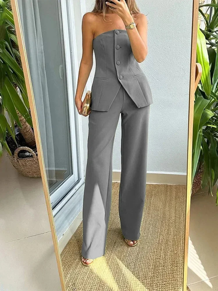 Costume Verde – Tailleur-pantalon asymétrique sans bretelles