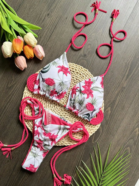 Ensemble-Bikini Rosa Fuego | Badehemd mit Blumenmuster